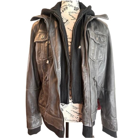 LM Blackish Gray Distressed Soft Leather w/Hood Moto Biker Jacket size L - Picture 1 of 11